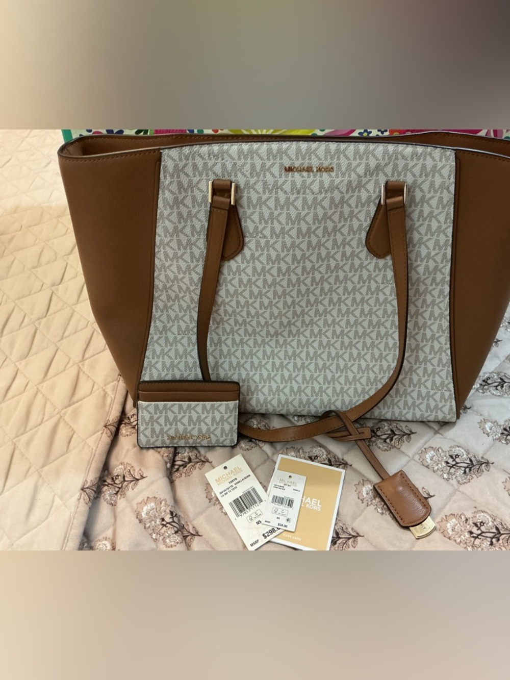 Michael Kors Beige Signature Canvas Tote with Tan Leather Trim